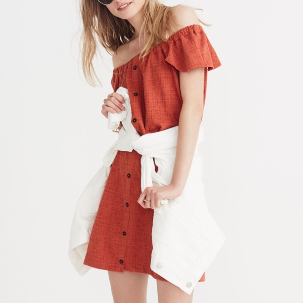 Madewell Texture & Thread Women S Orange Button Off-The-Shoulder Mini Dress